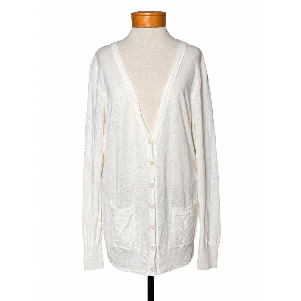 Caslon Linen Cotton Blend Cardigan Sweater Women's Large Cream V-Neck Pockets